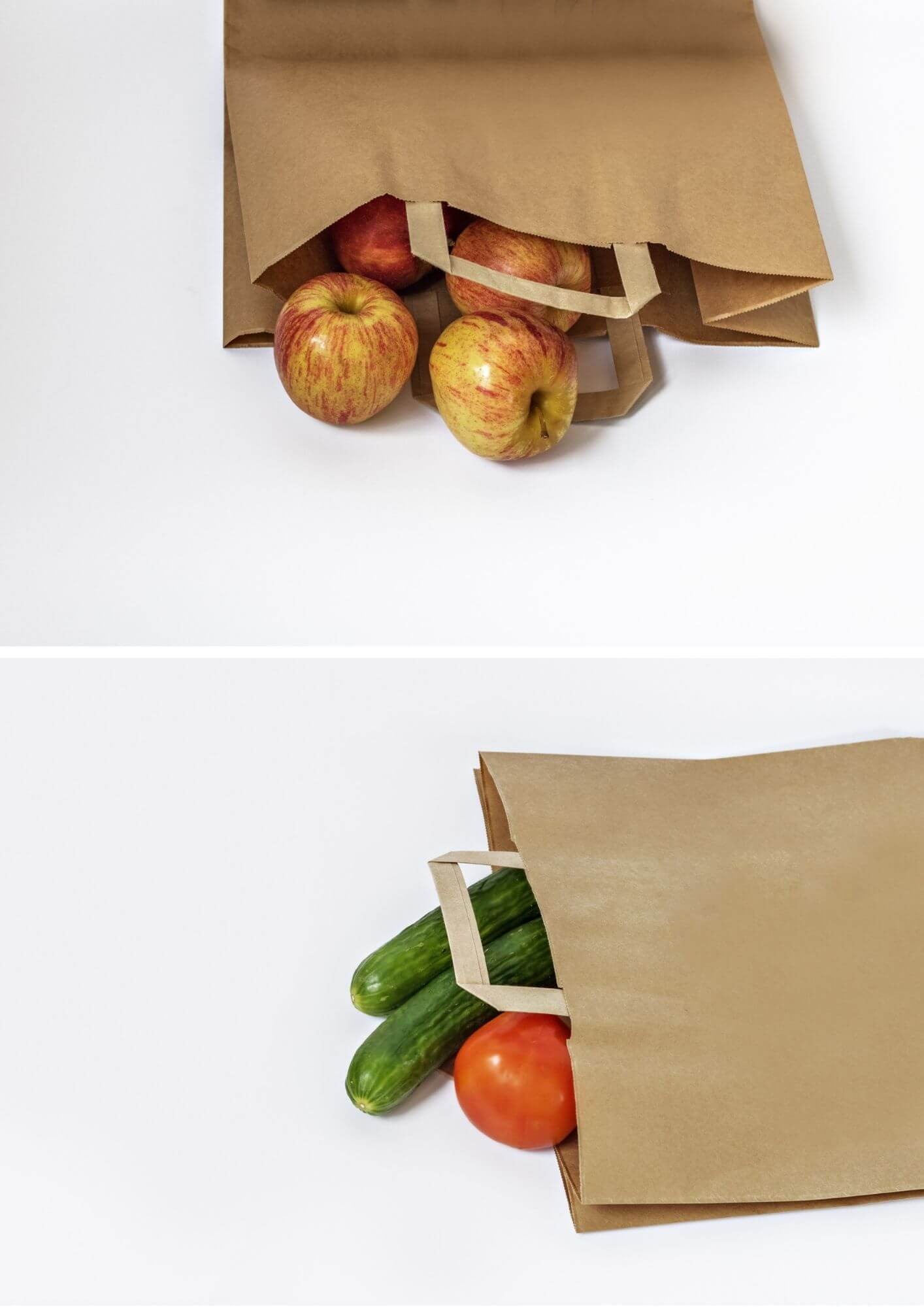 A brown kraft paper bag with flat handle holding fruits & vegetables